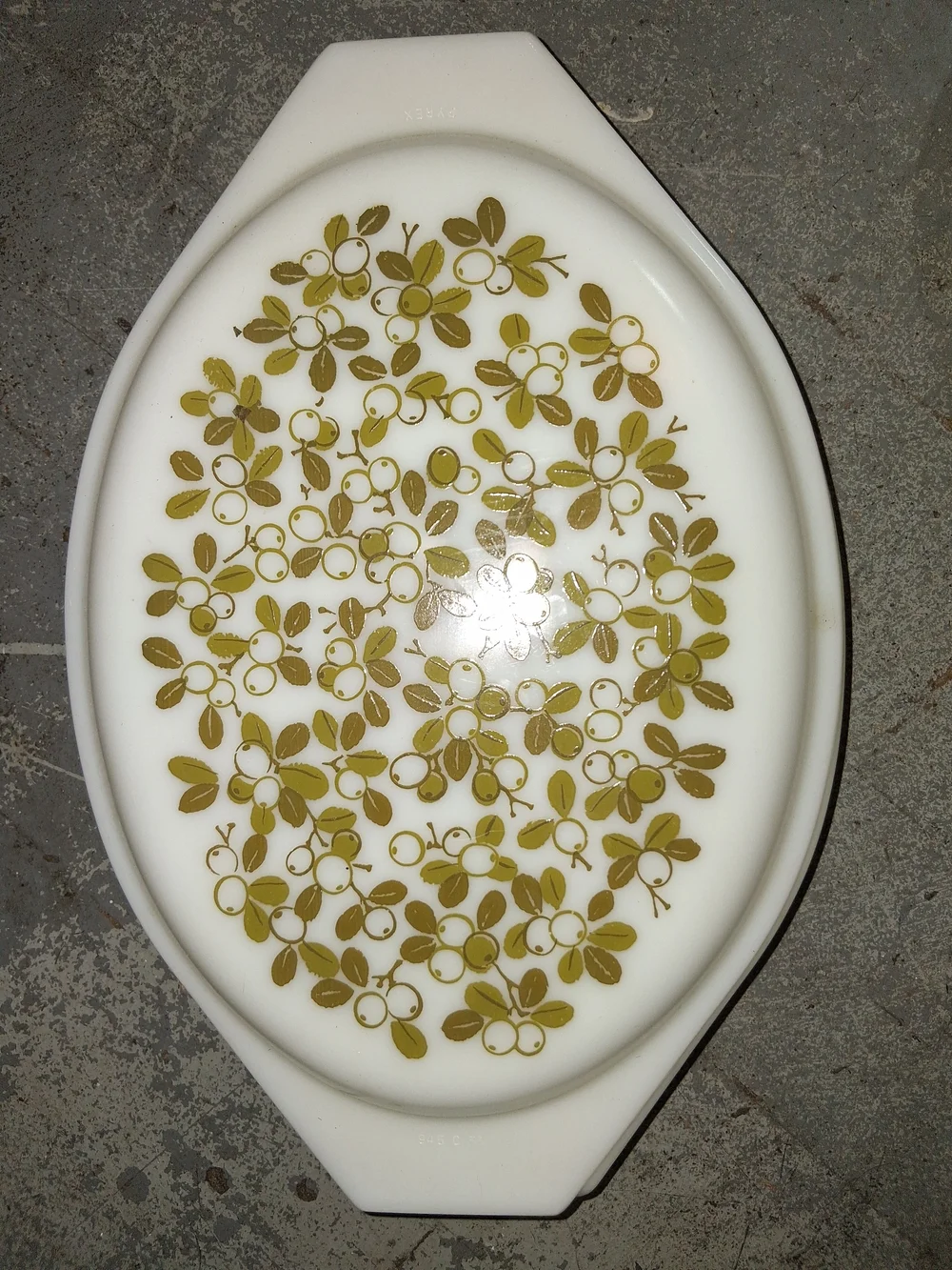 Pyrex White Oval Covered Casserole with Olive Green Berry Pattern